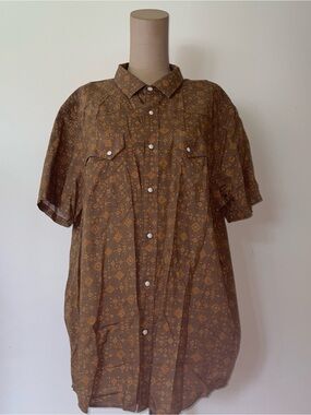 Pendleton Brown Short-Sleeve Button-Down Shirt with Gold Print Pearl snaps